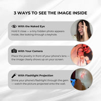 Thumbnail for Photo Projection Bracelet features three ways to see the hidden image: with your eye, camera, and flashlight.