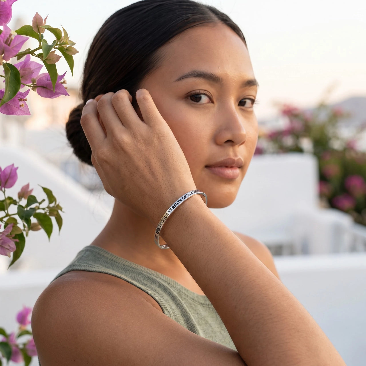 Open cuff bracelet — worn, everyday gesture, silver | SKU: btuvoy-wg