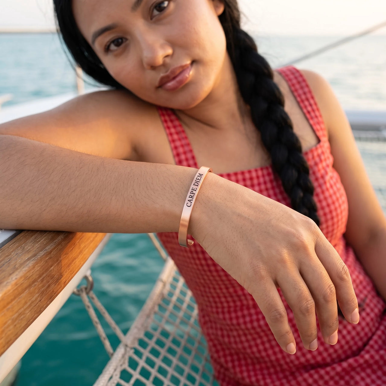 Carpe diem bracelet — worn on a relaxed day, rose gold | SKU: cp-rg
