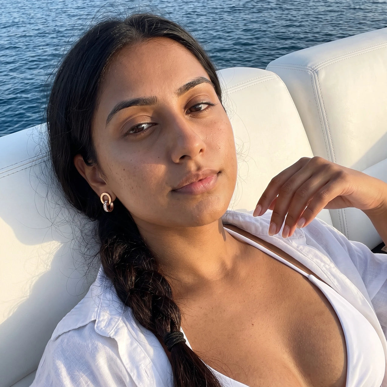 Rose gold hoop earrings — worn, rose gold | SKU: 11137578-rose-gold