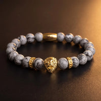 Thumbnail for Gold Lion & Grey Stones Bracelet – macro detail of the lion head | Brother & Sisters | SKU: 20866222-gold-XS-14-15, 20866222-gold-S-16-17, 20866222-gold-M-18-19, 20866222-gold-L-20-21, 20866222-gold-XL-22-23