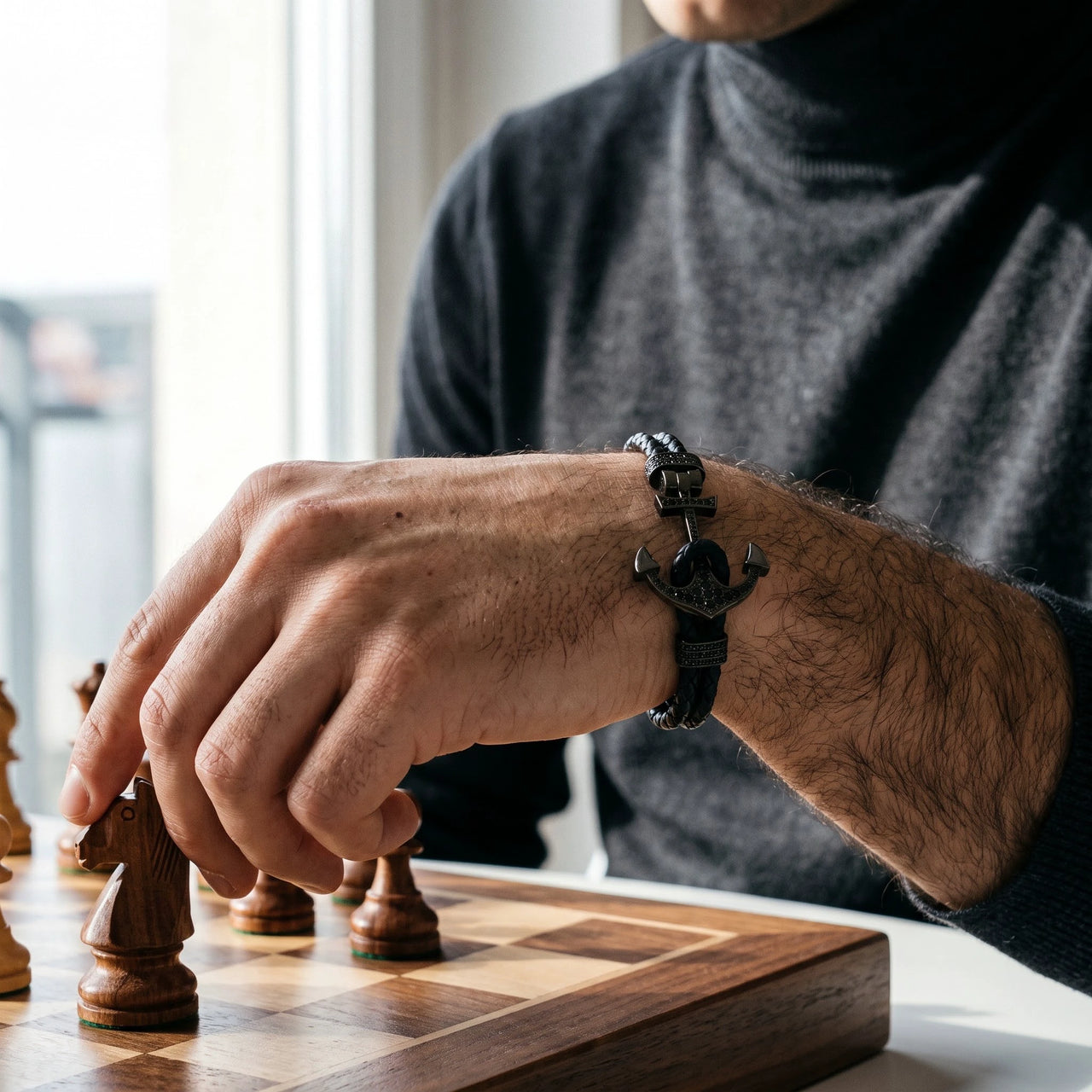 Black Anchor Bracelet – playing chess | Brother & Sisters | SKU: 3621358-gun-black-XS-14-15, 3621358-gun-black-S-16-17, 3621358-gun-black-M-18-19, 3621358-gun-black-L-20-21, 3621358-gun-black-XL-22-23