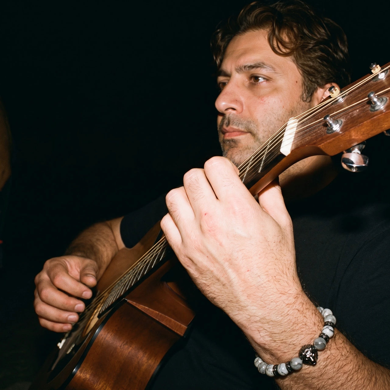 Black Lion & Grey Stones Bracelet – worn while playing guitar | Brother & Sisters | SKU: 20866222-gun-black-XS-14-15, 20866222-gun-black-S-16-17, 20866222-gun-black-M-18-19, 20866222-gun-black-L-20-21, 20866222-gun-black-XL-22-23