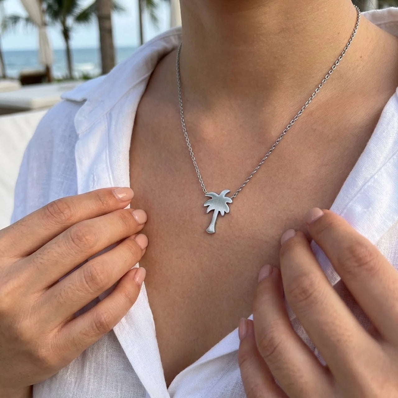 Palm tree necklace — worn, real size, silver | SKU: 8732822-silver-plated