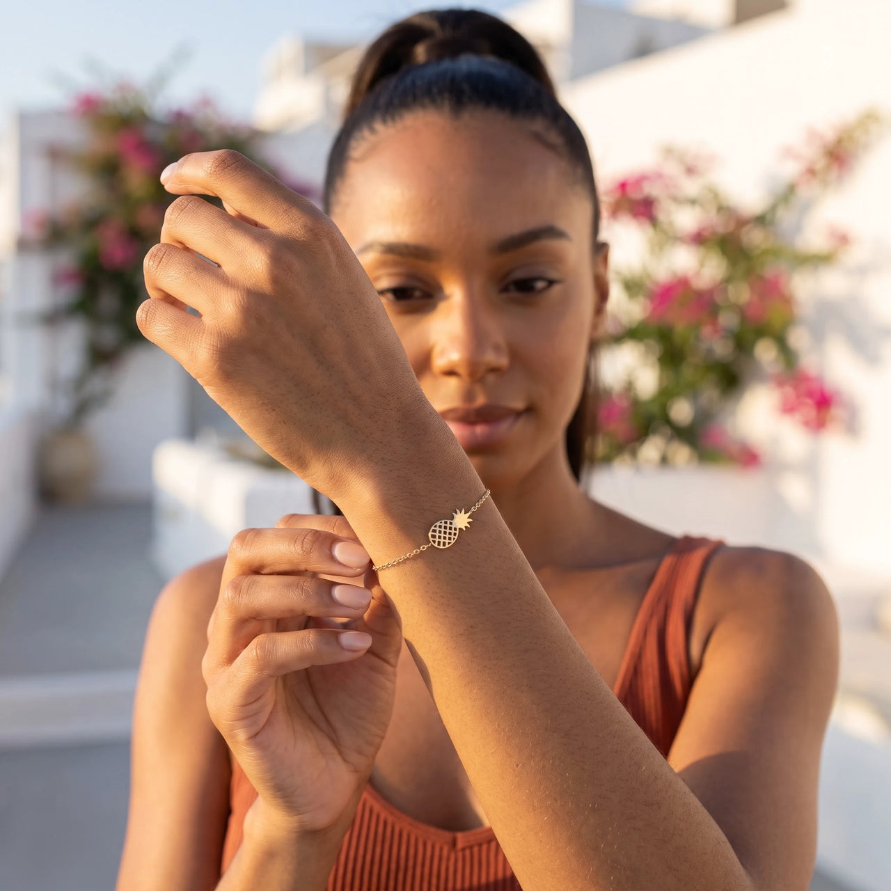 Pineapple bracelet — worn, everyday gesture, gold | SKU: 9178613-gold