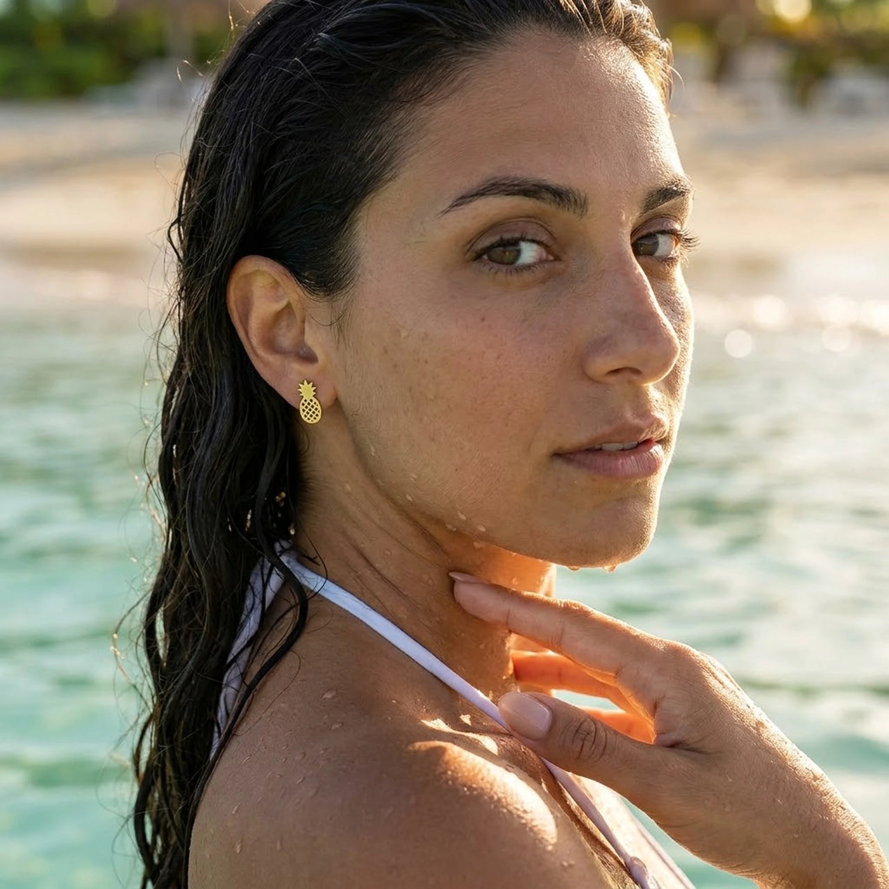 Pineapple earrings — worn in the water, waterproof, gold | SKU: 437186-gold-color