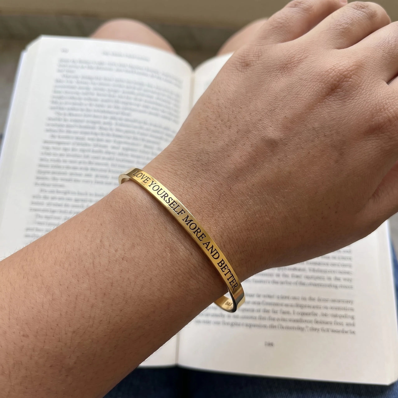 Love Yourself More And Better bracelet in gold worn, showing its real size | SKU: lymab-g