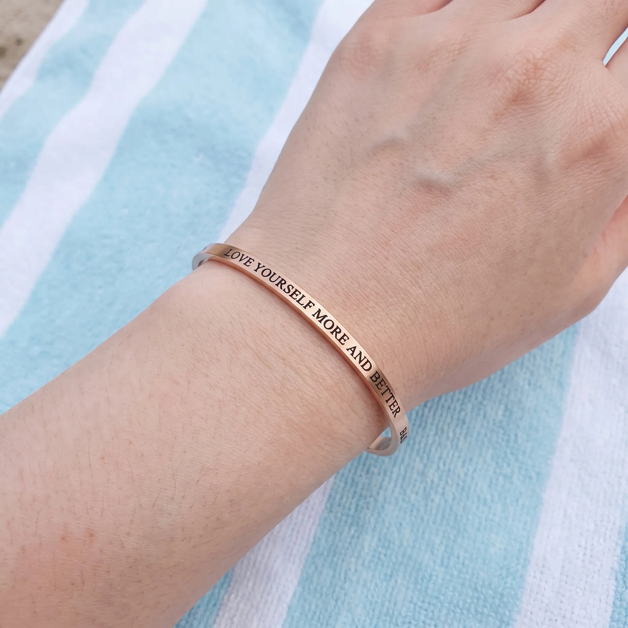 Love Yourself More And Better bracelet in rose gold worn, showing its real size | SKU: lymab-rg