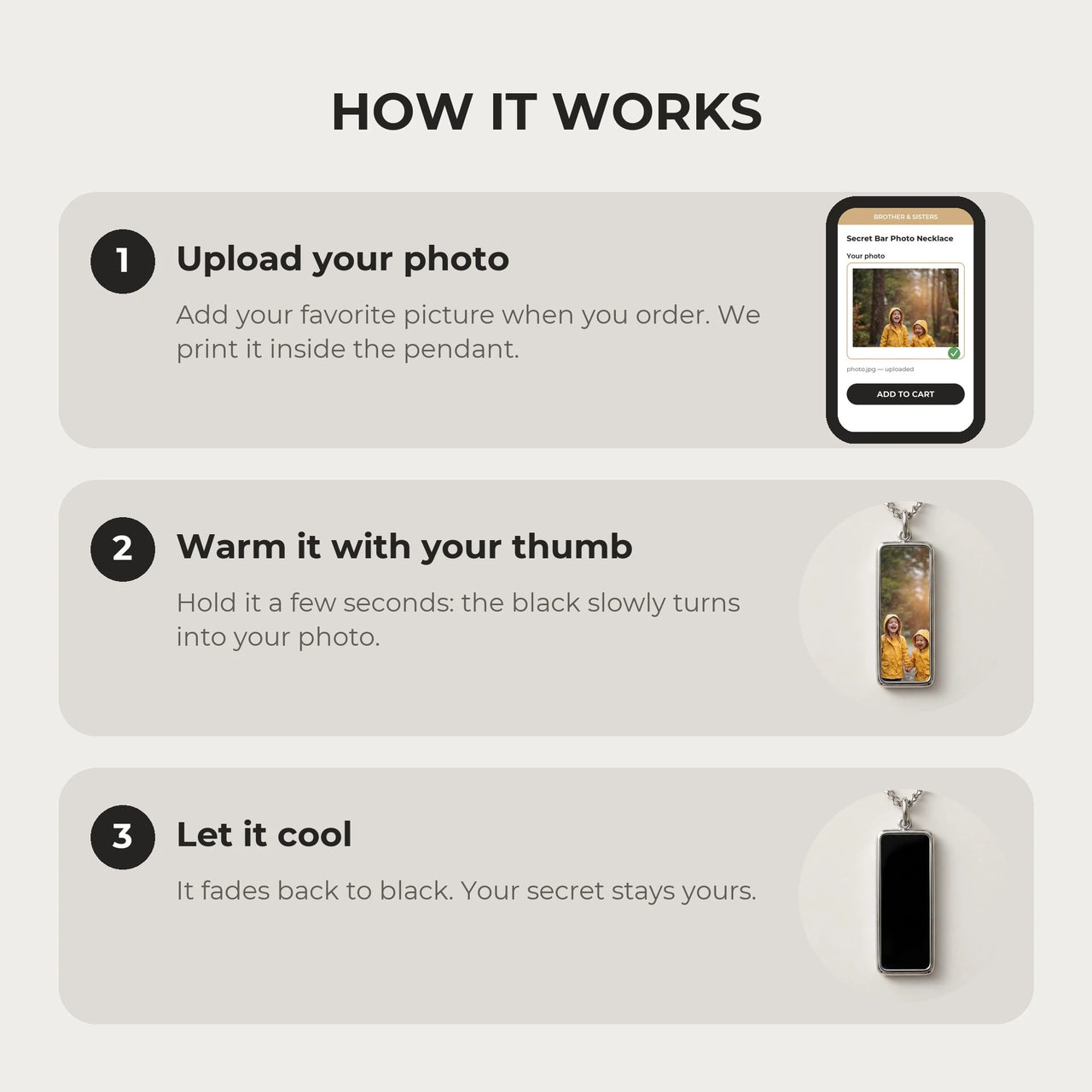 How it works: upload your photo, warm the pendant with your thumb, let it cool back to black | SKU: TPH-BARN-SILVER