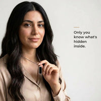 Thumbnail for Woman wearing the black silver bar pendant, only she knows the photo inside | SKU: TPH-BARN-SILVER