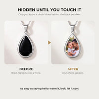 Thumbnail for Before and after: the teardrop pendant of the silver necklace turns from black to the hidden photo with the warmth of a touch | SKU: TPH-DRPN-SILVER