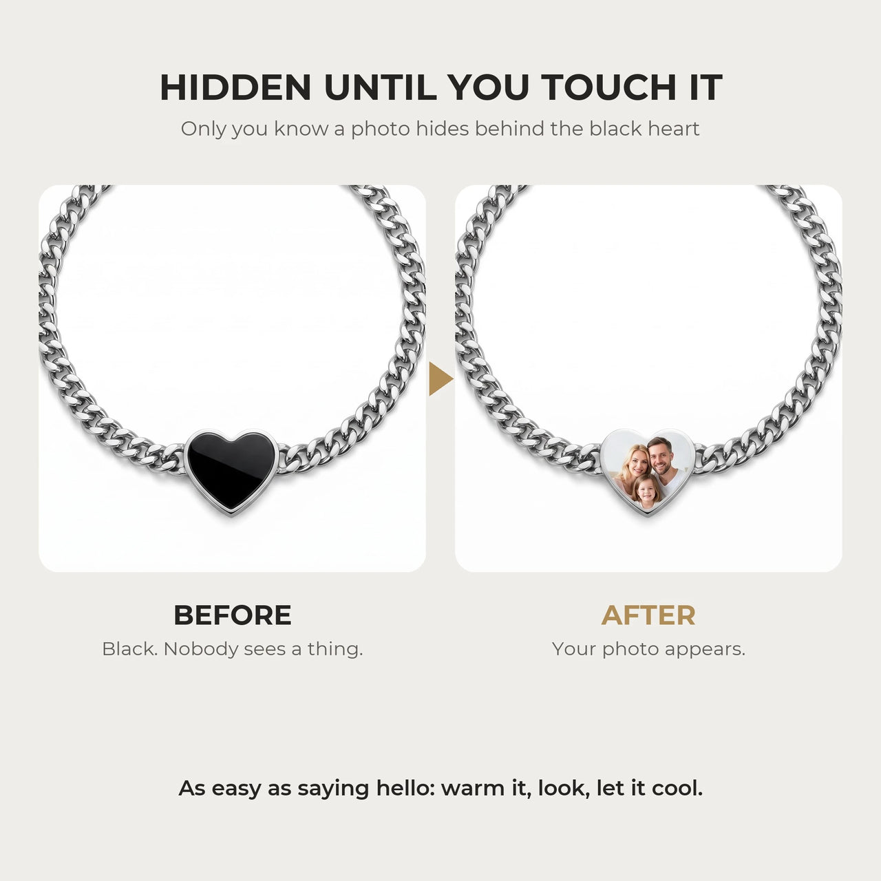 Before and after: black heart charm on the silver bracelet, then the photo revealed by warmth | SKU: TPH-HRTB-SILVER