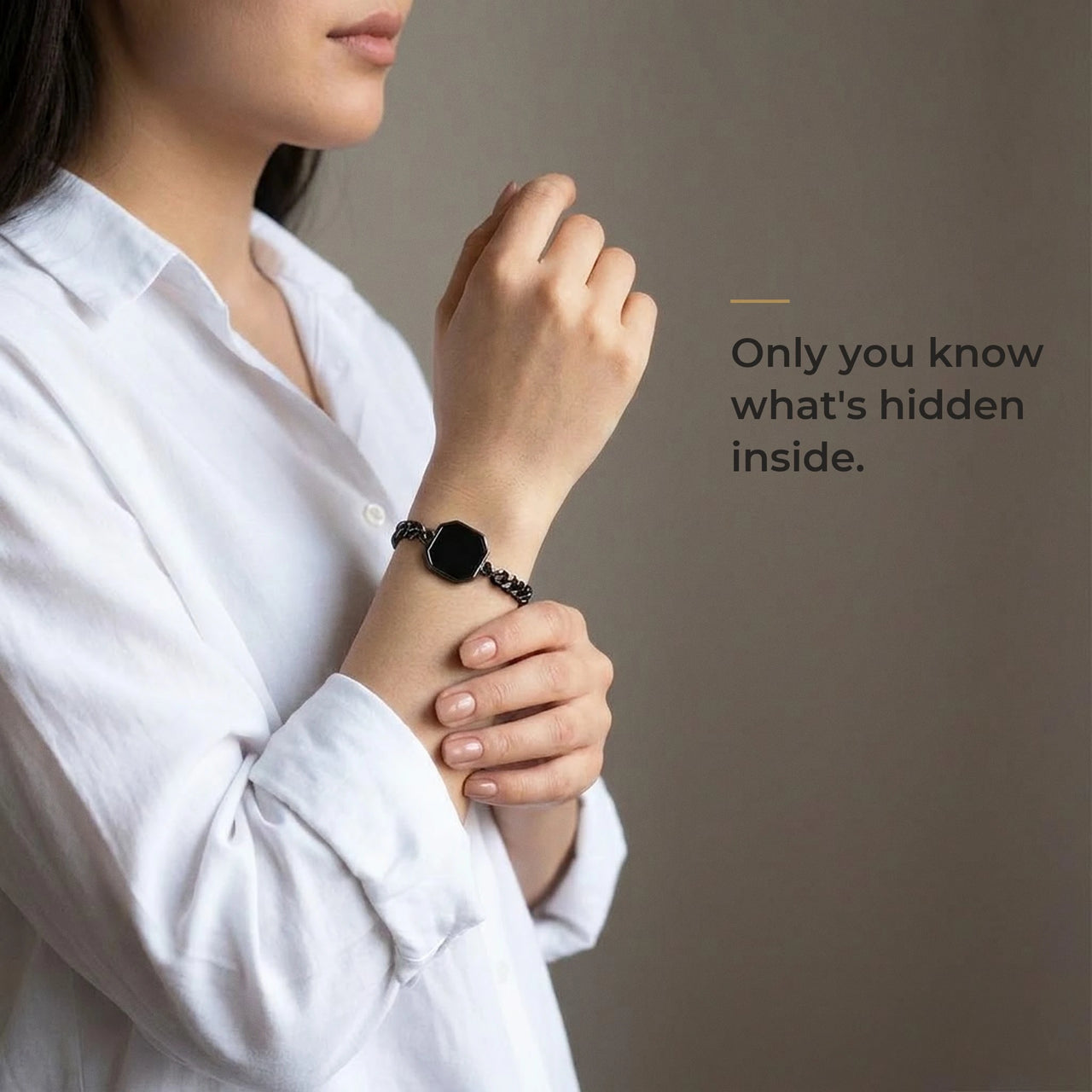 Woman wearing the black bracelet with its black octagon charm, only she knows the photo inside | SKU: TPH-OCTB-BLACK-18