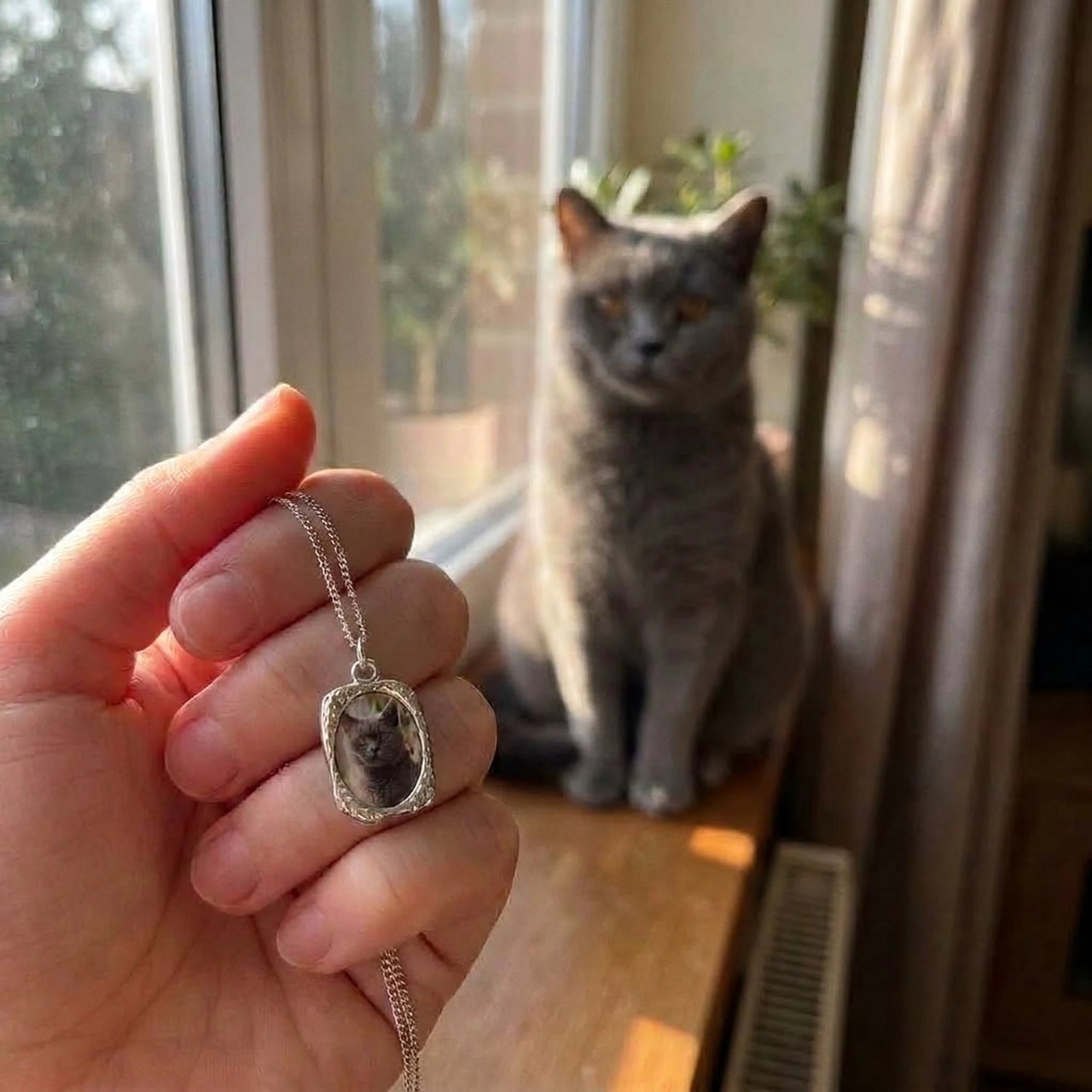 Customer photo: the silver oval necklace with her cat's photo, her cat in the background | SKU: TPH-OVLN-SILVER